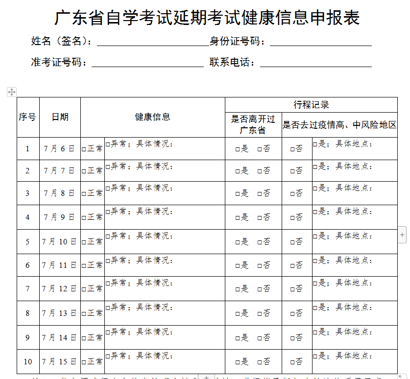 广东自学考试健康信息申报表